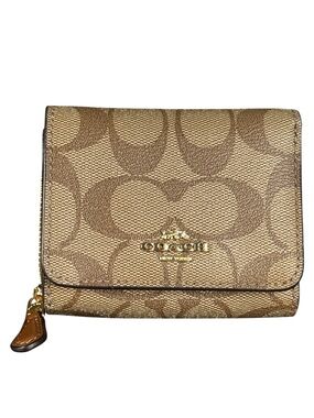 COACH Small Tri-Fold Wallet in Khaki and Gold Signature Coated Canvas